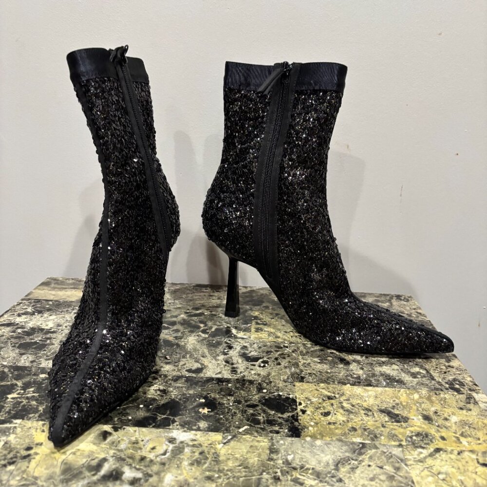 Zara Women SEQUIN FABRIC ANKLE BOOTS Black w Gold hint SZ: 40